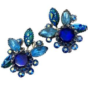 Vintage Mid Century Judy Lee AB Aqua Blue Etched Glass Rhinestone Clip Earrings